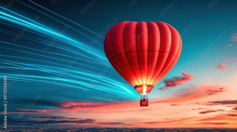 Fototapeta premium Red Hot Air Balloon Sunset Flight