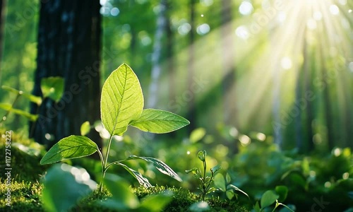A young plant thriving in a sunlit forest setting.
