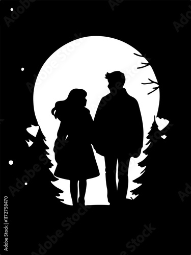 silhouette of a couple in love walking under the moon