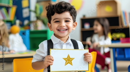 A young student proudly holding up a gold star certificate in a colorful classroom