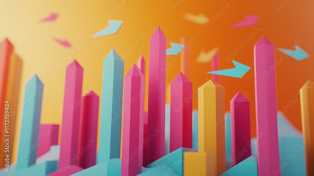 Market Growth: Rising bar graph with arrows indicating growth and success. paper cut Art Style 3d background Market Growth: Rising bar graph with arrows indicating growth and success. paper cut Art Style 3d background