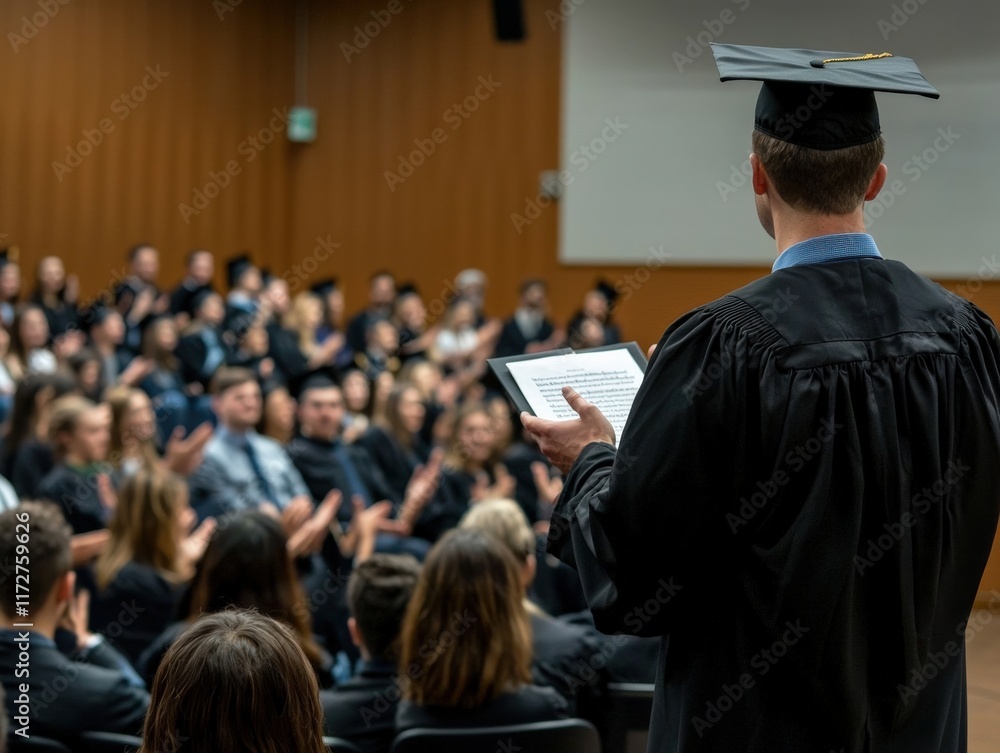 A teacher giving a motivational speech at a graduation ceremony, with students applauding A teacher giving a motivational speech at a graduation ceremony, with students applauding