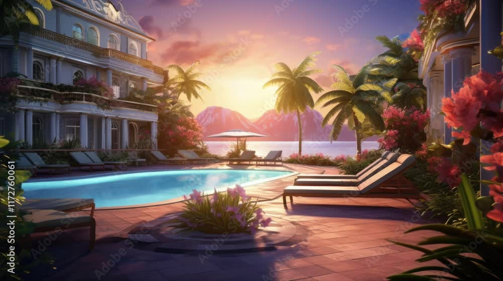 A view of a hotel with a swimming pool. 4k animated video A view of a hotel with a swimming pool. 4k animated video