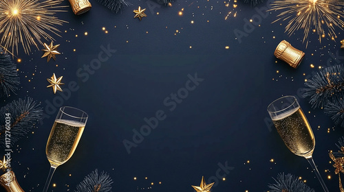 Festive New Year Celebration Card with Fireworks and Champagne on Midnight Blue Background