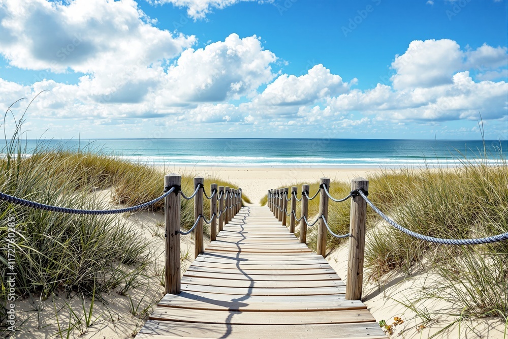 Obraz premium Wooden boardwalk surrounded by dune grasses leading to the sandy beach and blue ocean under a sunny sky with fluffy clouds. Concept of coastal tranquility. Ai generative