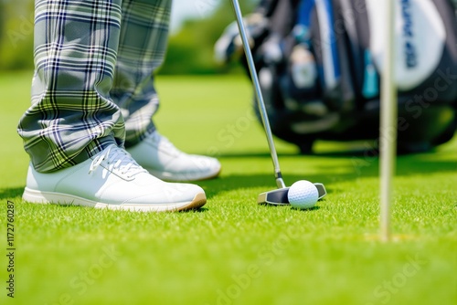 Close-up of golfer wearing checkered pants and white shoes preparing to putt golf ball on green field. Golf bag blurred in background. Concept of sport. Ai generative photo