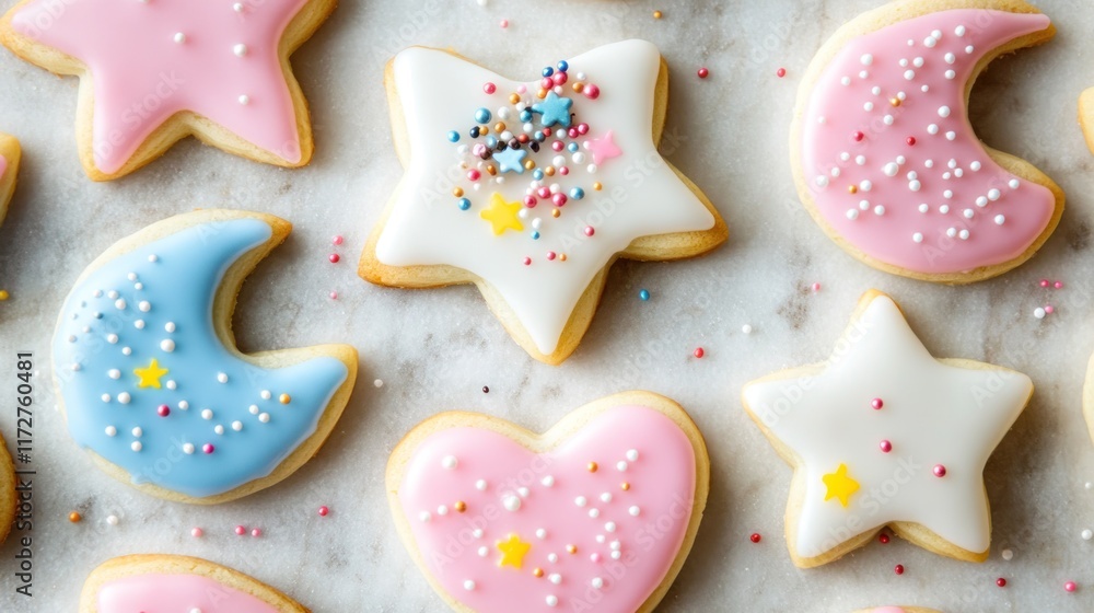 Colorful frosted cookies, star, moon, and heart shapes, decorated with sprinkles. Colorful frosted cookies, star, moon, and heart shapes, decorated with sprinkles.