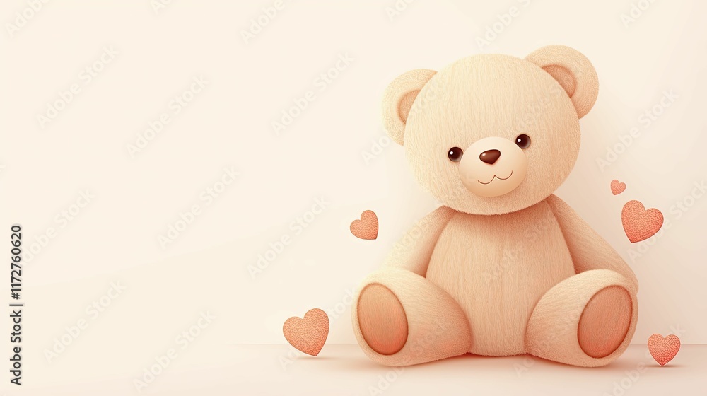 A cute, plush teddy bear sits against a light background, surrounded by small hearts, conveying warmth and affection. A cute, plush teddy bear sits against a light background, surrounded by small hearts, conveying warmth and affection.