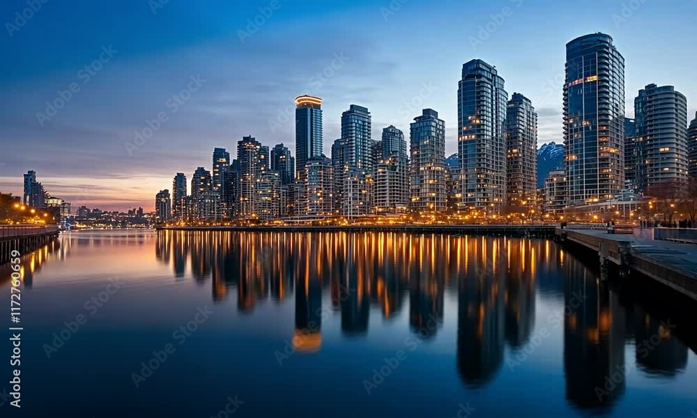 City skyline reflecting on water at twilight. City skyline reflecting on water at twilight.