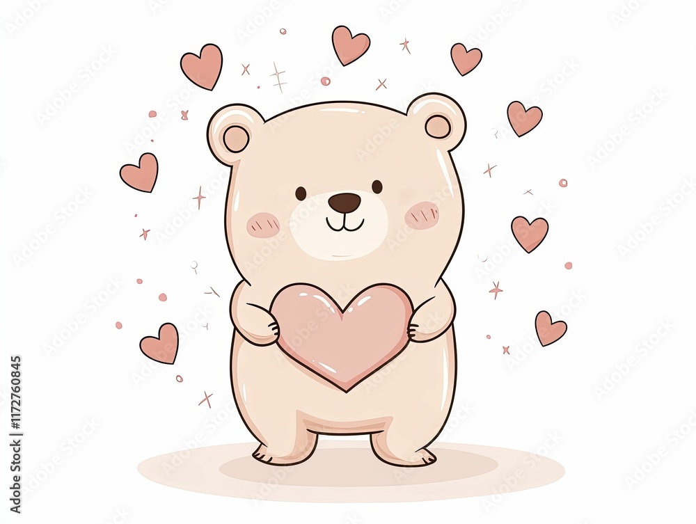 A cute, animated bear holding a heart, surrounded by floating hearts, conveying love and affection in a cheerful, pastel design. A cute, animated bear holding a heart, surrounded by floating hearts, conveying love and affection in a cheerful, pastel design.
