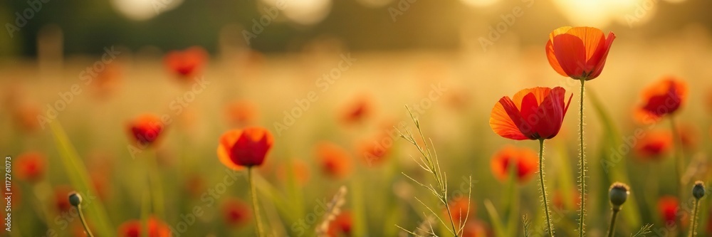 Delicate poppy flowers swaying in the field of tall grass, meadow, brown Delicate poppy flowers swaying in the field of tall grass, meadow, brown