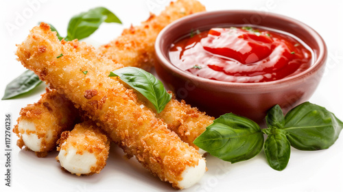 several mozzarella sticks with crispy coating and ketchup 