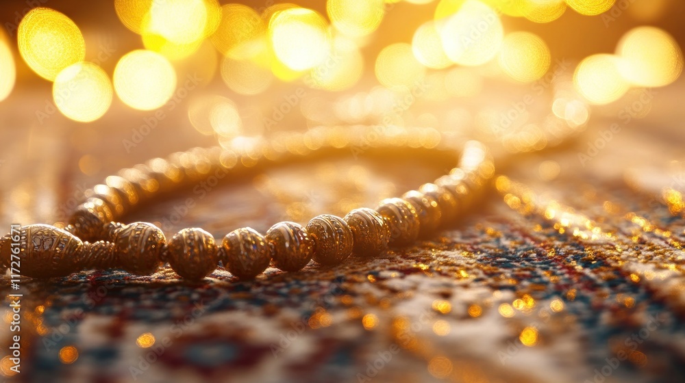 Golden prayer beads rest on a patterned carpet with bokeh lights. Golden prayer beads rest on a patterned carpet with bokeh lights.