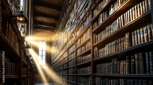 Wallpaper Mural A library interior with towering shelves full of books, bathed in warm, golden lighting Torontodigital.ca