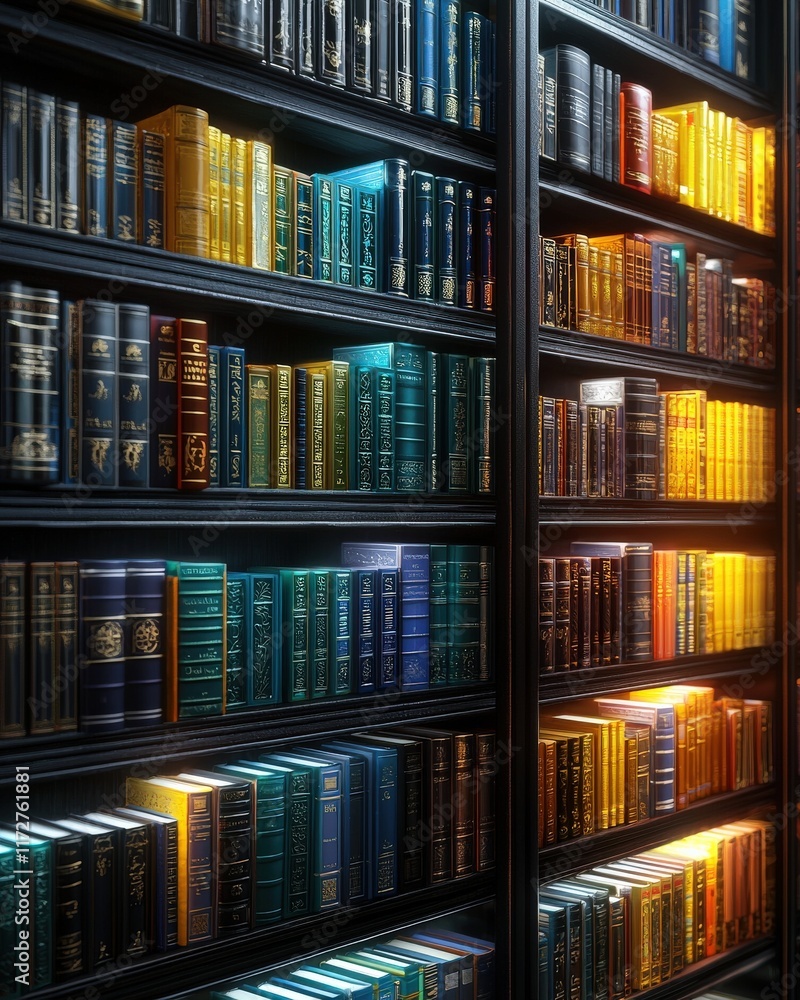 A library filled with colorful books, glowing softly under warm, ambient lighting A library filled with colorful books, glowing softly under warm, ambient lighting