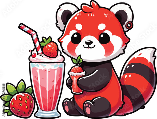 Cute Red Panda Enjoying a Strawberry Milkshake,vector eps