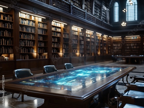 Wallpaper Mural A library filled with rows of bookshelves and a holographic table projecting an interactive study guide Torontodigital.ca