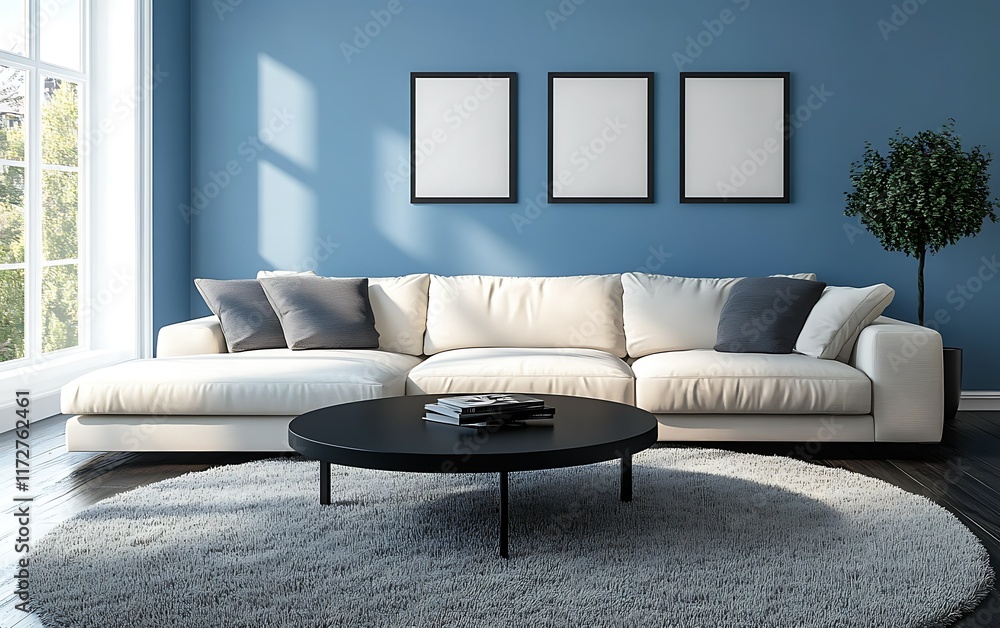 Fototapeta premium Modern living room, sectional sofa, blue wall, sunlight, interior design.