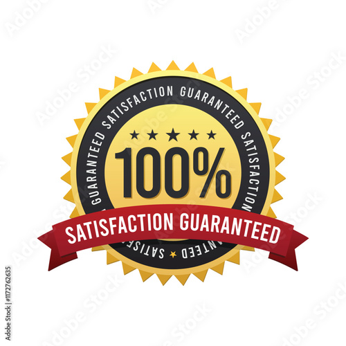 100% Customer Satisfaction Guaranteed Badge with Red Ribbon and Star Object for Business, Website, Sales Page and Products Funnel