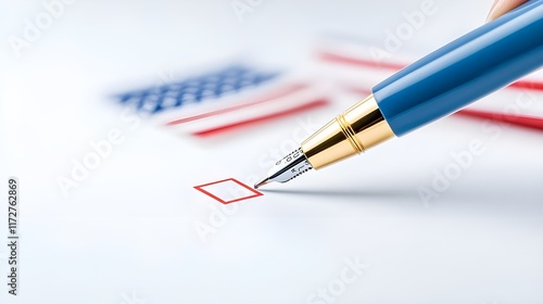 Close-up of a pen marking a checkbox on a ballot form, ballot marking, election decision photo