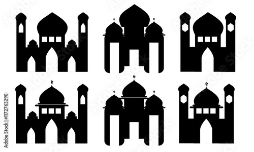 Minimalist Mosque Silhouettes: 6 Variations in Vector Format. Elegant Black Mosque Vector Pack: 6 Iconic Styles photo