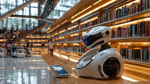 A futuristic library with robotic assistants helping students locate digital and physical books
