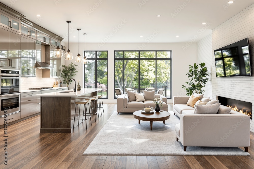 Fototapeta premium Contemporary kitchen and living room with sleek furniture, large windows, and wooden flooring. Bright, open layout with natural light. Ai generative