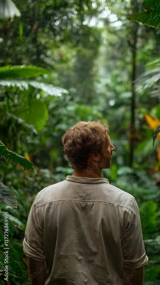 A man in a beige shirt explores a dense rainforest filled with vibrant greenery and tall trees A man in a beige shirt explores a dense rainforest filled with vibrant greenery and tall trees