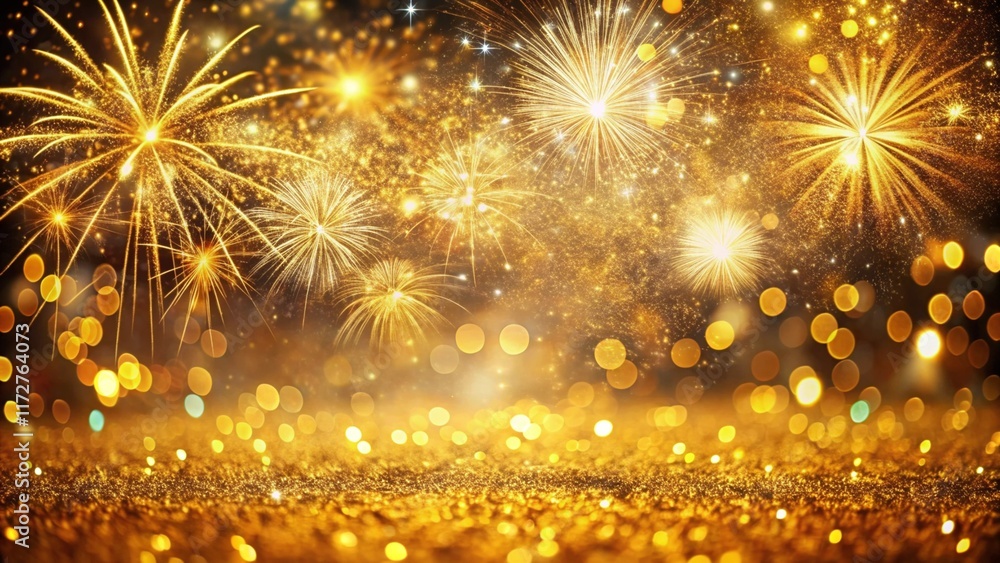 Fototapeta premium Shiny Golden Glitter With Fireworks And Lights 