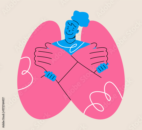Support your inner concept. Big hand embraces himself. Colorful vector illustration