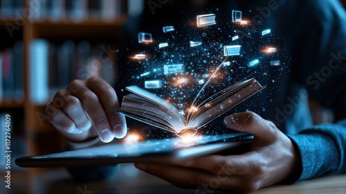 A close-up of a student using a tablet to access an online library, with glowing book icons floating around the screen