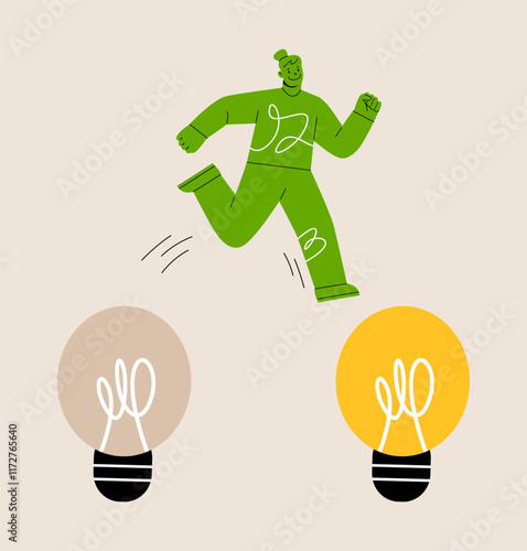 Woman jumping from old to new shiny lightbulb idea. Colorful vector illustration