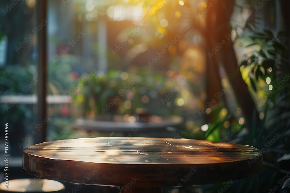 Obraz premium Sunlit Table in Greenhouse with Blurred Background and Warm Glow