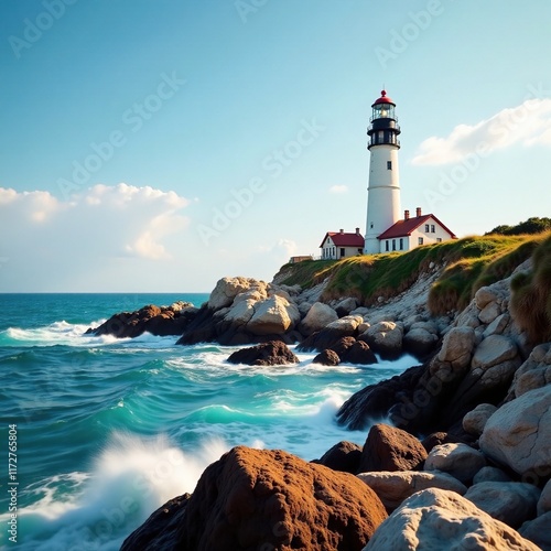 Rocky shoreline stretches towards the towering lighthouse, landscape, lighthouse, coastline photo