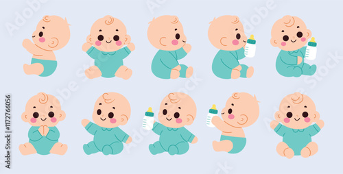 Adorable Baby Illustrations Five Poses Cute Cartoon Infants Smiling Playing Bottle Feeding