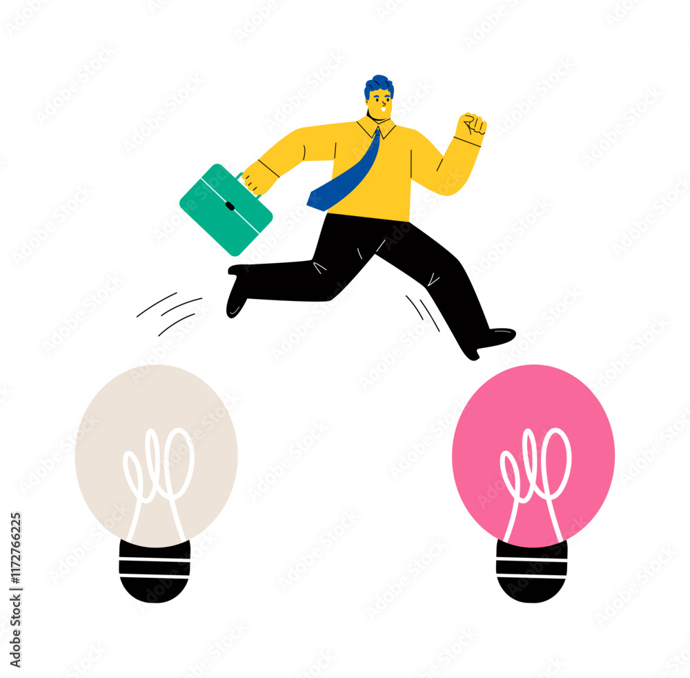Business man jumping from old to new shiny lightbulb idea. Flat vector illustration isolated on white background Business man jumping from old to new shiny lightbulb idea. Flat vector illustration isolated on white background