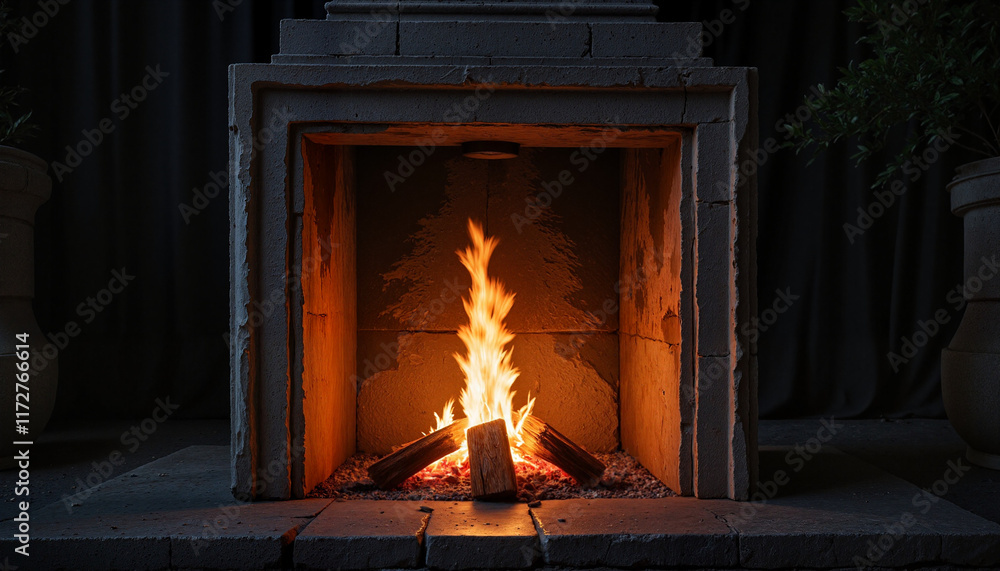 Obraz premium Cozy fireplace with glowing flames in darkened room