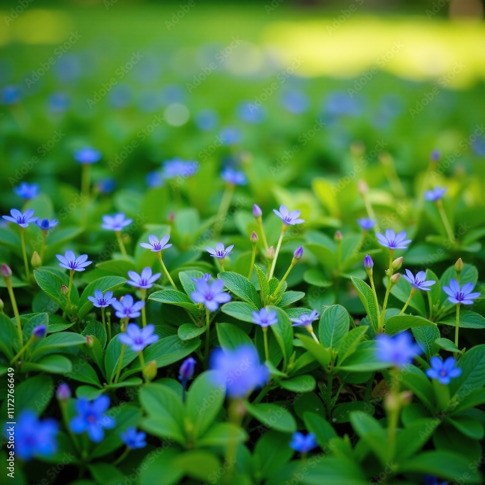 Small blue flowers scattered across a green meadow, flower fields, Small blue flowers scattered across a green meadow, flower fields,