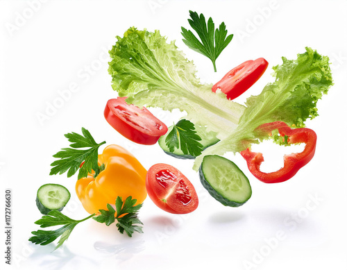 Lettuce leaves, parsley, cut cucumber, bell peppers and tomatoes falling on white background photo