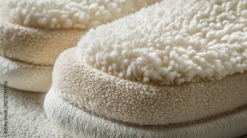 Close-up of cozy, fluffy, cream-colored house slippers. photo