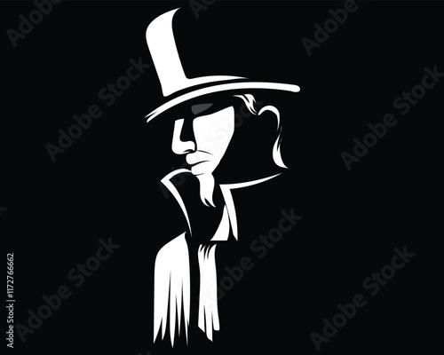 silhouette vector design of a man wearing a hat with a collared cape with a white light effect on his face and part of his shirt on a black background
