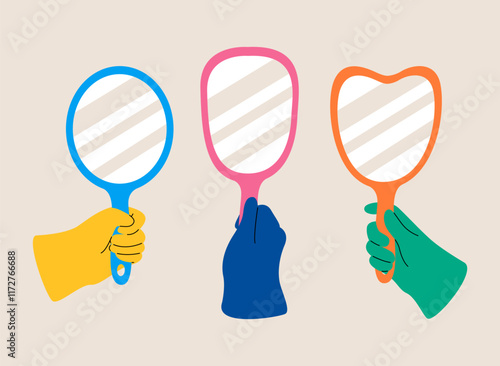 Human hand holding mirror different. Colorful vector illustration