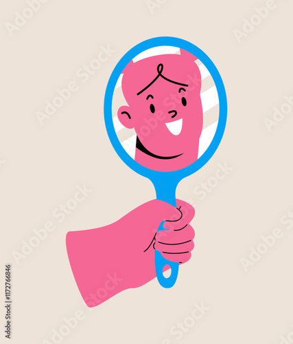 Self love, self care concept. Woman staring at mirror reflection. Colorful vector illustration