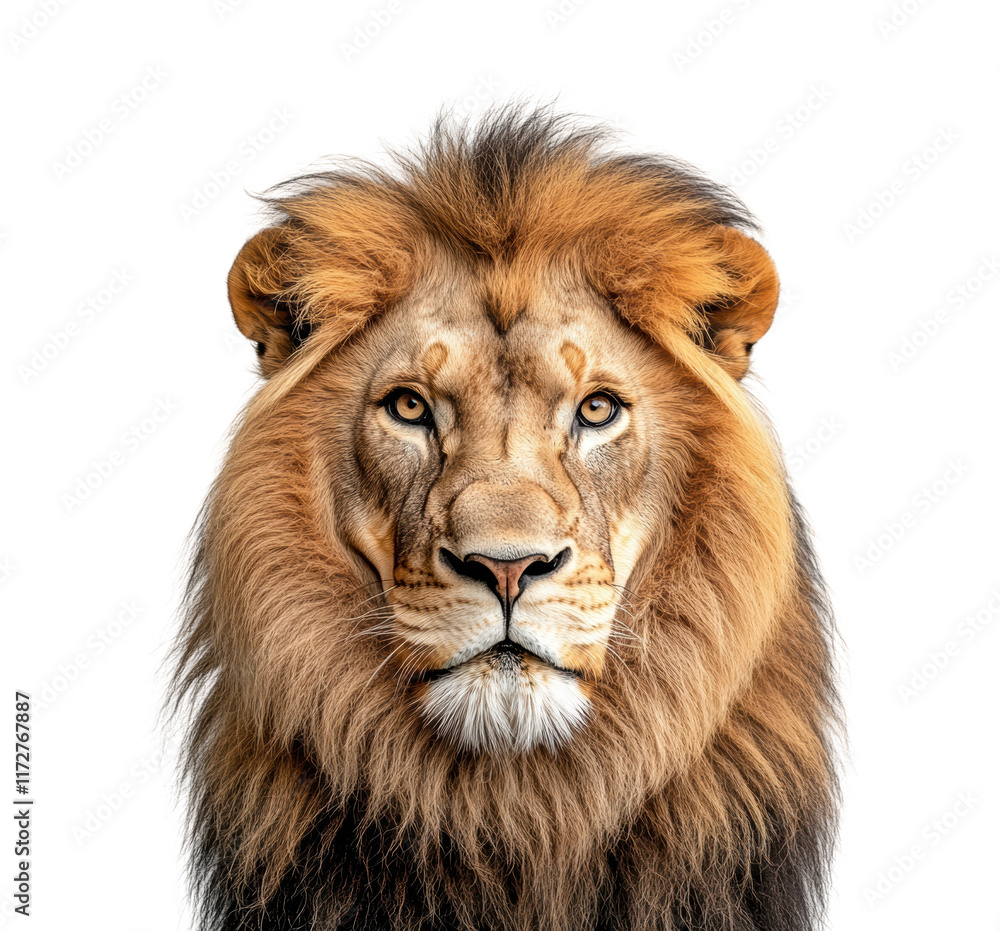 Lion face closeup portrait, majestic African wildlife king with golden mane, powerful predator and proud animal, safari nature isolated on transparent background Lion face closeup portrait, majestic African wildlife king with golden mane, powerful predator and proud animal, safari nature isolated on transparent background