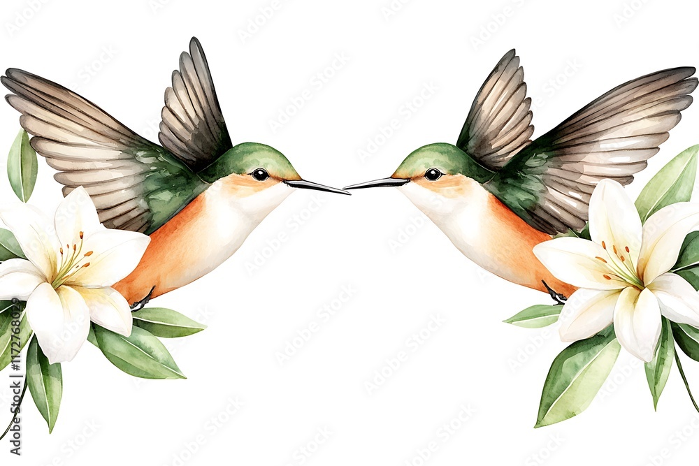 Obraz premium Watercolor Hummingbirds & Lilies - Watercolor illustrations