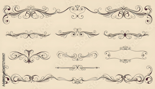 Calligraphic design elements . Decorative swirls or scrolls, vintage frames , flourishes, labels and dividers, with white tones