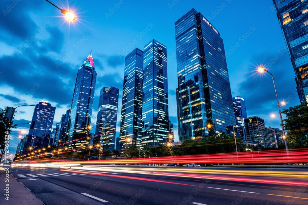 Fototapeta premium Cityscape featuring towering illuminated skyscrapers, light trails from traffic on a bustling street, and a vibrant blue sky, symbolizing urban energy. Ai generative
