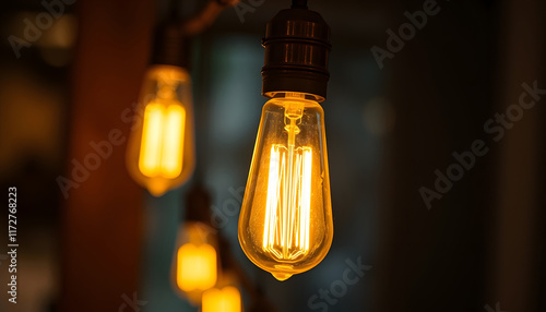 Close up glowing vintage light bulb, dinamic scene, with white tones