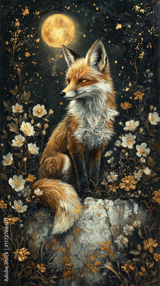Fototapeta premium Majestic fox under full moon enchanted forest art illustration nighttime close-up nature's beauty