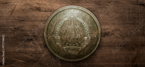Obraz na plátně Vintage round metal shield with balkan yugoslav embossed pattern pattern design